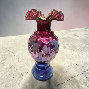Fenton Hand Painted Art Glass Vase-Cranberry and Cobalt Ruffled 8”-Signed